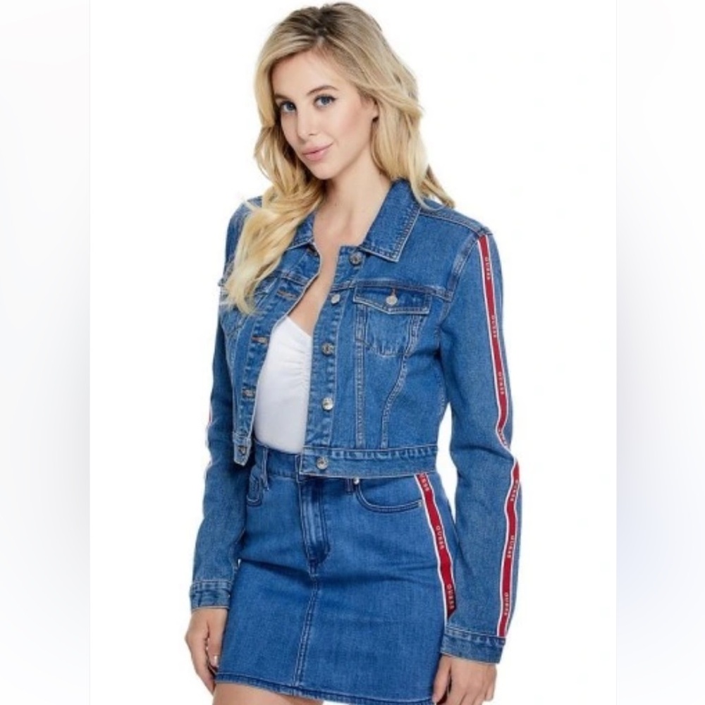 Guess Cropped Blue and Red Jean Jacket Size Small